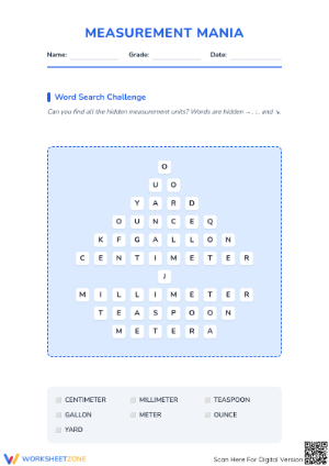 Measurement Units Word Search & Quiz | Grade 3 Printable