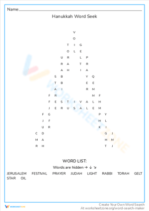 Hanukkah Word Seek Worksheet