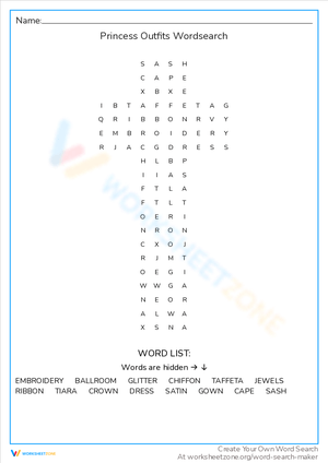 Princess Outfits Word Search