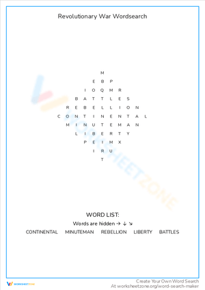 Revolutionary War Word Search Worksheet