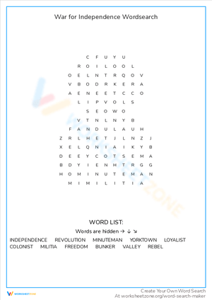 War for Independence Word Search Worksheet