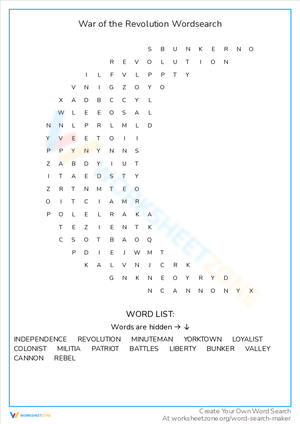 War of the Revolution Word Search Worksheet