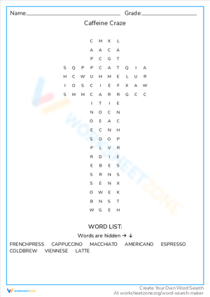 Caffeine Craze Worksheet