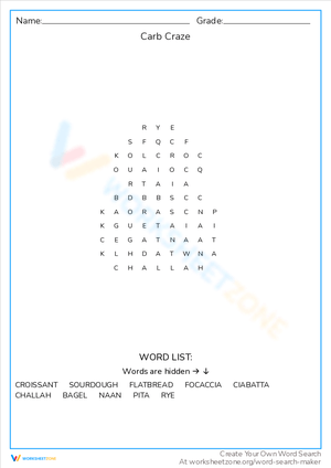 Carb Craze Word Search