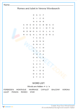 Romeo and Juliet in Verona Wordsearch