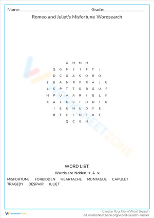 Misfortune: Romeo and Juliet Word Search
