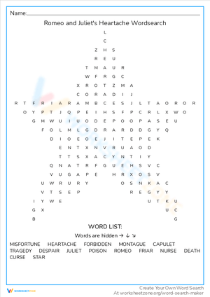 Romeo and Juliet's Heartache Word Search