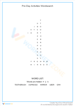 Pre-Day Activities Word Search Puzzle