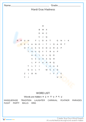 Mardi Gras Madness Word Search Activity