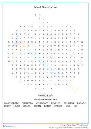 Explore Mardi Gras Galore with Word Search
