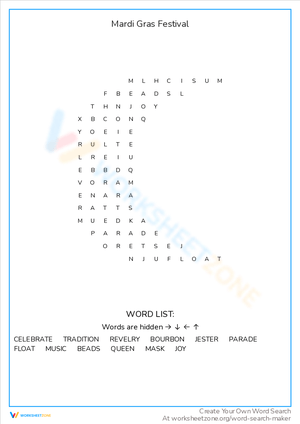 Mardi Gras Festival Word Search Puzzle