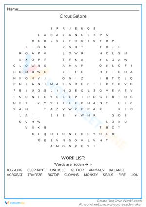 Find Circus Galore in This Word Search!