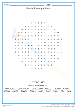 Go on Beach Scavenger Hunt Word Search