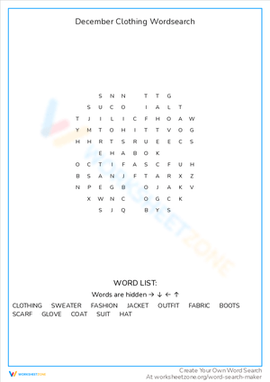 December Clothing Word Search: Wardrobe Words