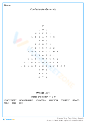 Confederate Generals Word Search: Civil War History