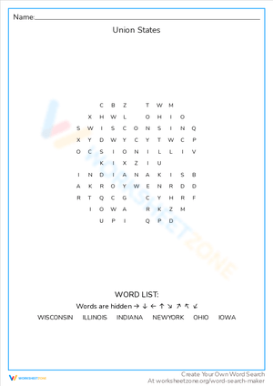 Union States Word Search: American History Worksheet