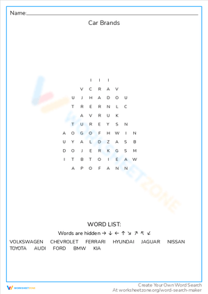 Car Brands Word Search: Automotive Fun Worksheet