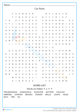 Car Parts Word Search: Automotive Vocabulary Builder