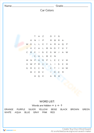 Car Colors Word Search: Vocabulary and Fun!