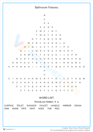 Bathroom Fixtures Word Search: Home Improvement