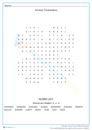 Anime Characters Word Search: Spot Your Heroes