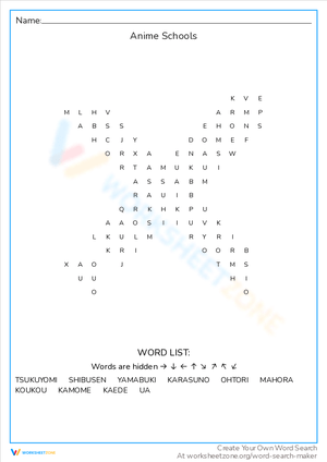 Anime Schools Word Search: Find the Academies