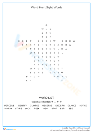 Word Hunt Sight Words Worksheet