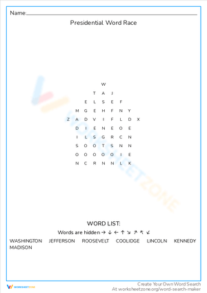 Presidential Word Race Worksheet