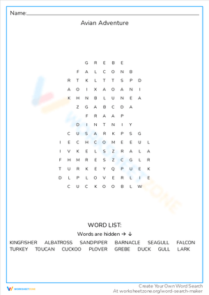 Avian Adventure Worksheet