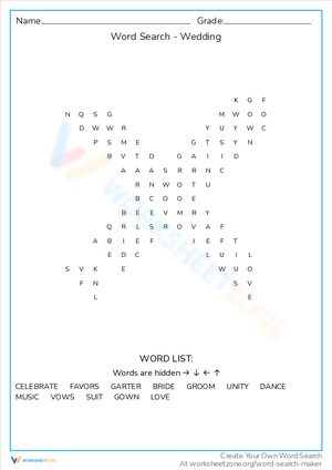 Engaging Wedding Word Search Worksheet