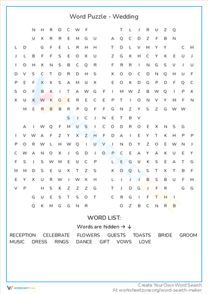 Challenging Wedding Word Puzzle Worksheet
