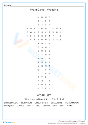 Interactive Wedding Word Game Worksheet