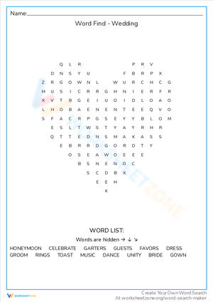 Exciting Wedding Word Find Worksheet