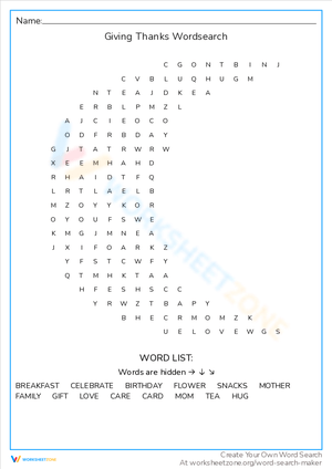 Express Gratitude with Giving Thanks Wordsearch