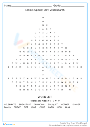 Celebrate Moms Special Day Wordsearch
