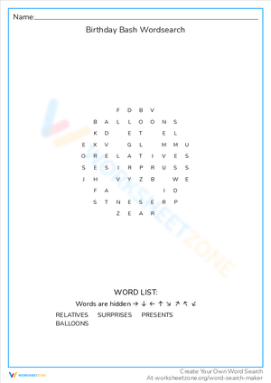 Fun Birthday Bash Wordsearch Worksheet