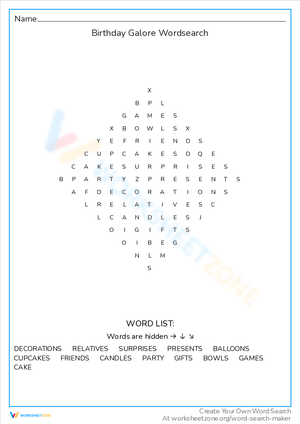 Dive into a Birthday Galore Word Search