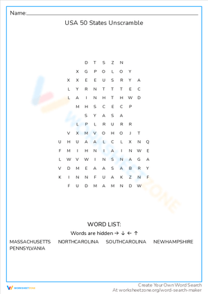 Unscramble the USA 50 States Worksheet