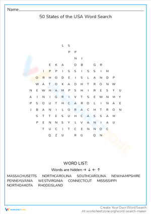 50 States of the USA Word Search Fun