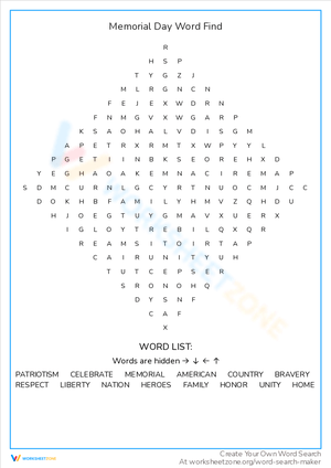 Memorial Day Word Find Worksheet