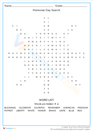 Participate in Memorial Day Search Worksheet