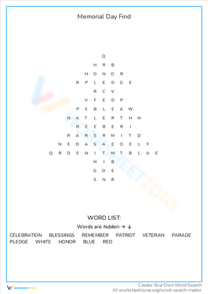 Participate in Memorial Day Find Worksheet