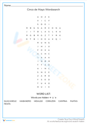 Cinco de Mayo Word Search Puzzle Worksheet