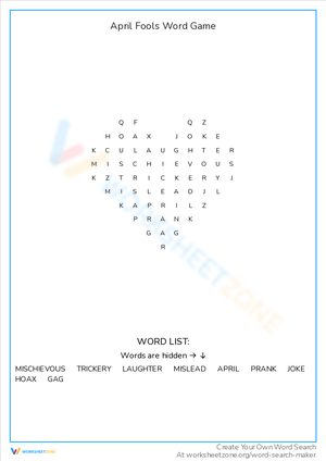 Play April Fools' Word Game with Fun Worksheet