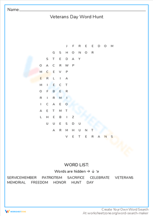 Veterans Day Word Hunt: Find Patriotic Terms