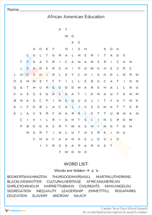 African American Education Word Search Worksheet