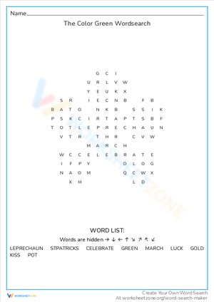 The Color Green Word Search: St. Patrick's Theme