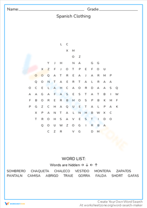 Spanish Clothing Word Search Puzzle