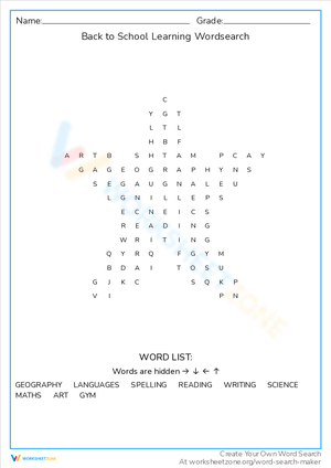 Back to School Learning Wordsearch