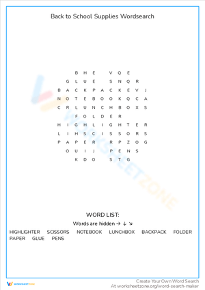 Back to School Supplies Word Search